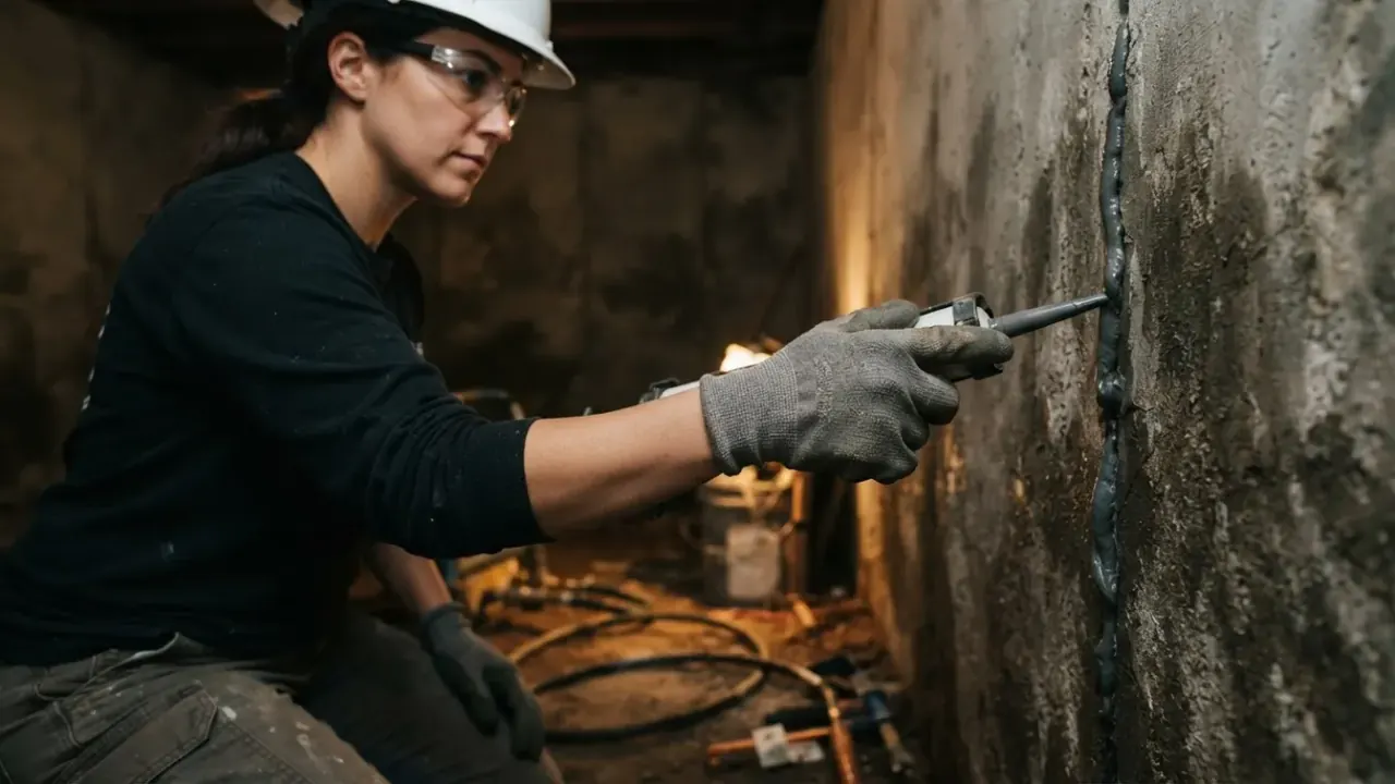 Foundation repair in Etowah: close-up of a Foundation Repair Technician's hand, wearing a work glove, carefully applying a