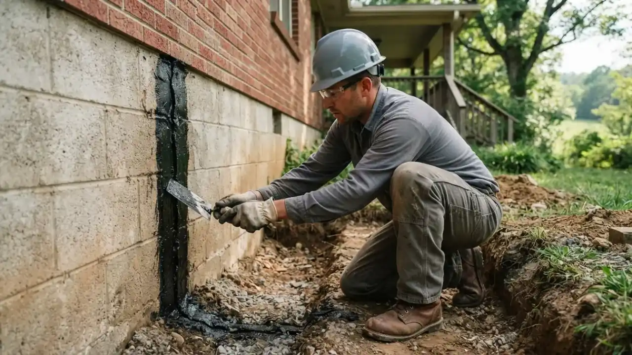 Crack Repair in Etowah: Foundation Repair Technician outdoors, applying a waterproof sealant over a freshly repaired crack