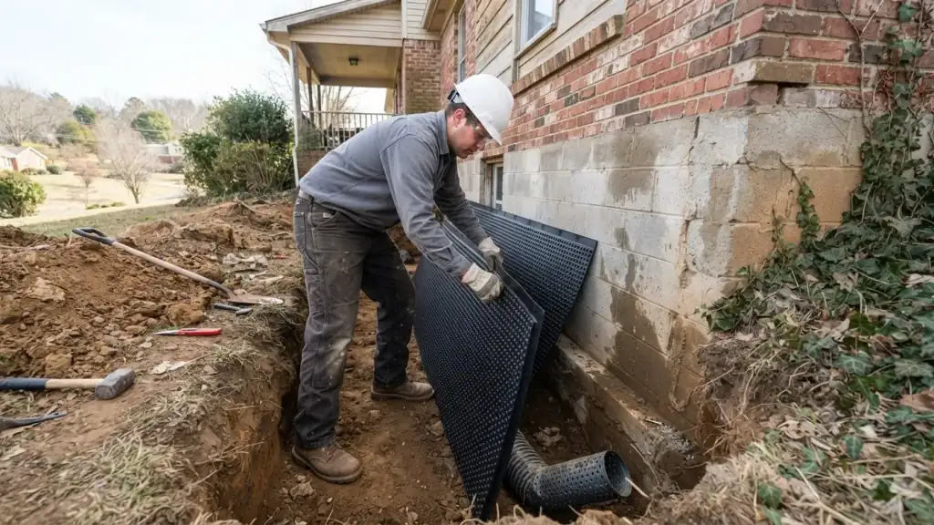 Basement Waterproofing in Etowah: Foundation Repair Technician in a partially excavated trench outside a basement wall