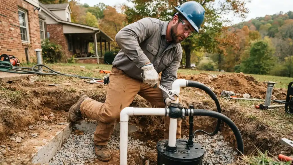 Sump Pump Installation and Repair in Etowah: Foundation Repair Technician, with a wrench, tightening the check valve