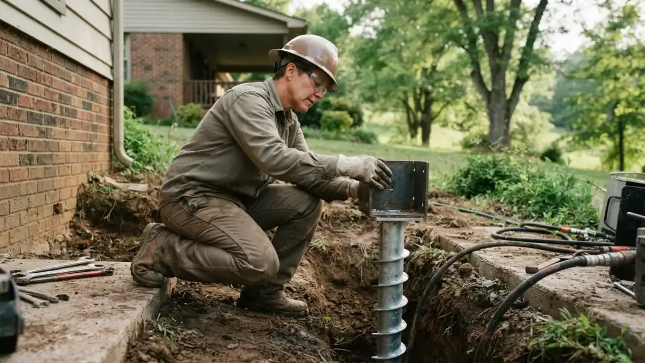 Helical Piers Installation in Etowah: Foundation Repair Technician carefully positioning the foundation bracket onto the top