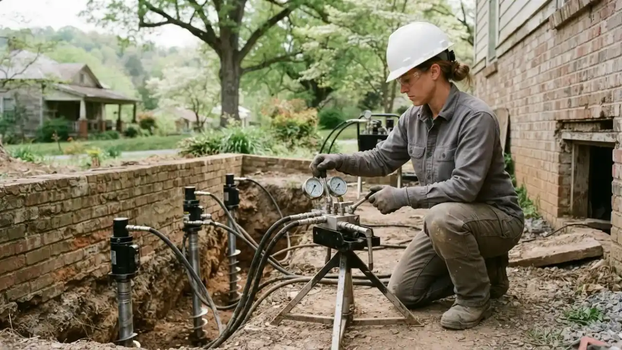 Settling Foundation Repair in Etowah: Foundation Repair Technician, using a specialized hydraulic manifold, simultaneously