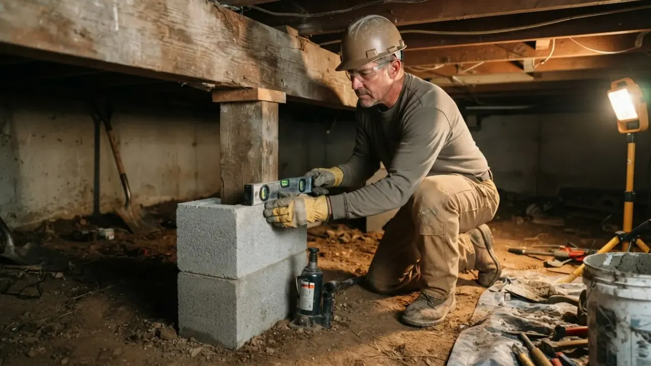 Pier and Beam Foundation Repair in Etowah: Foundation Repair Technician in a crawl space, carefully positioning a new