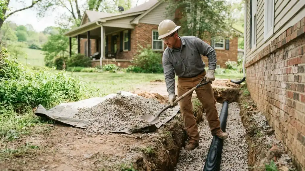 Foundation Drainage Solutions in Etowah: Foundation Repair Technician, with a shovel, carefully backfilling a trench around
