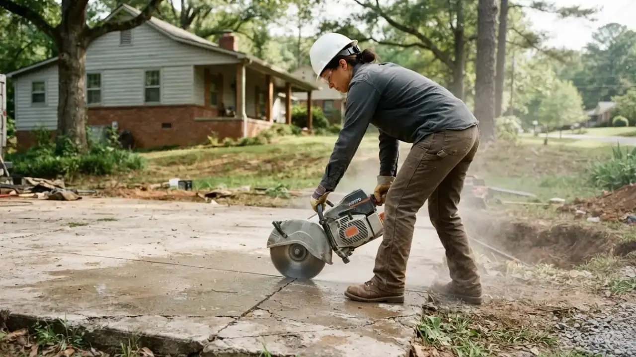 Slab Foundation Repair in Etowah: Foundation Repair Technician, in safety glasses, using a concrete saw to cut a precise