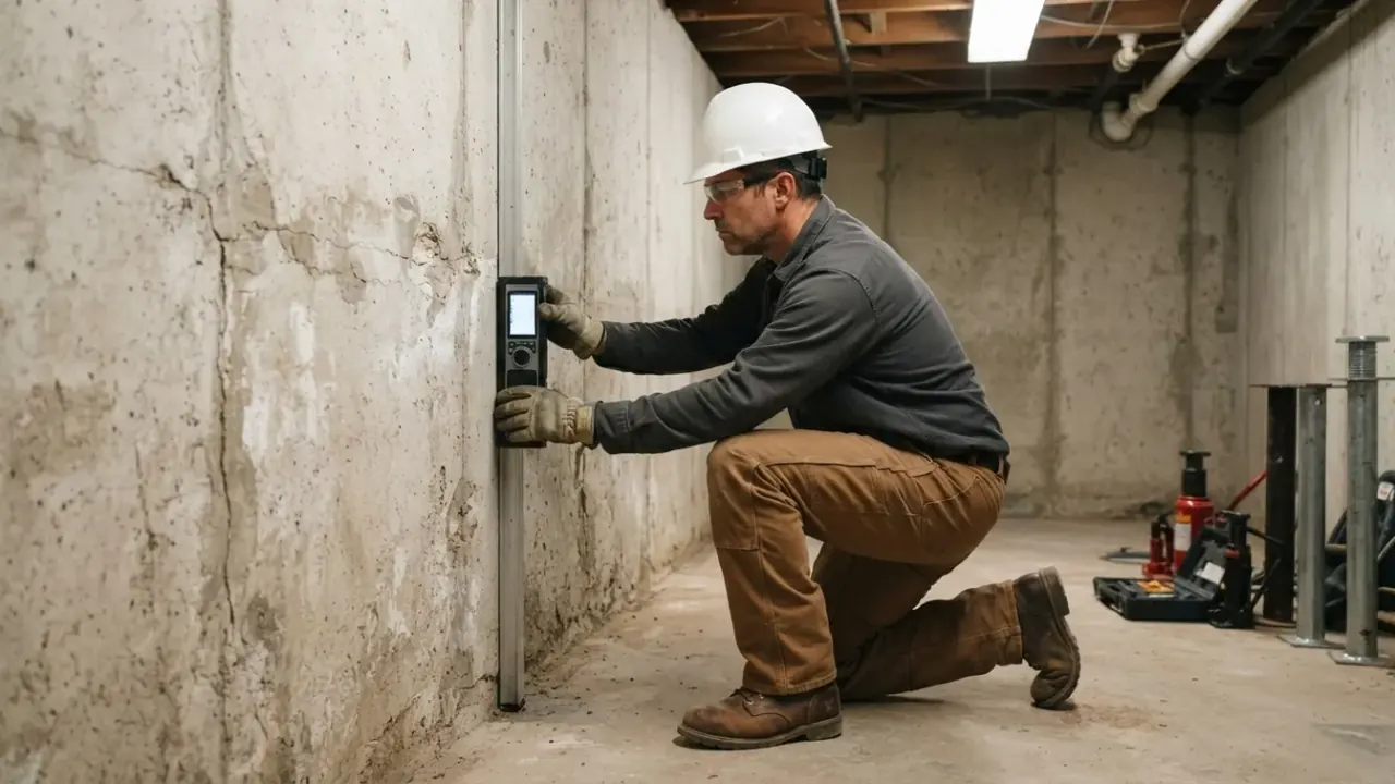 Foundation Inspection in Etowah: Foundation Repair Technician in safety glasses and a hard hat, kneeling with a specialized