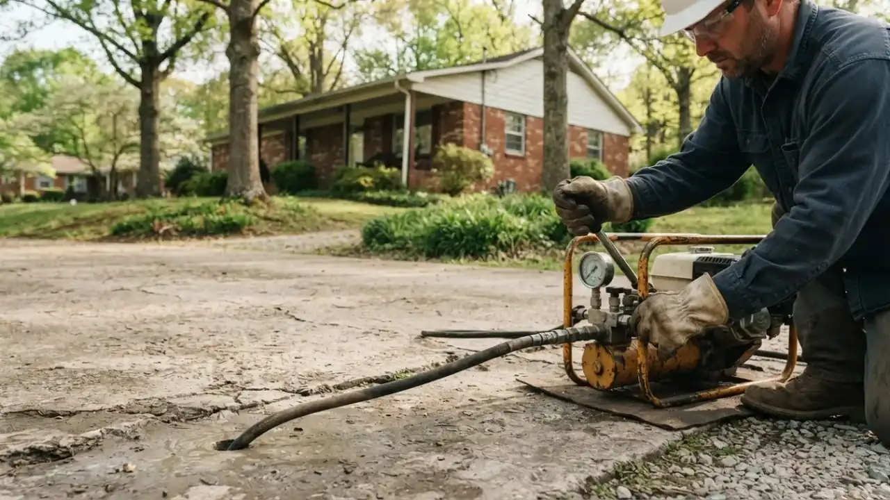 Foundation repair in Etowah: close-up of gloved hands of a Foundation Repair Technician expertly operating a hydraulic pump