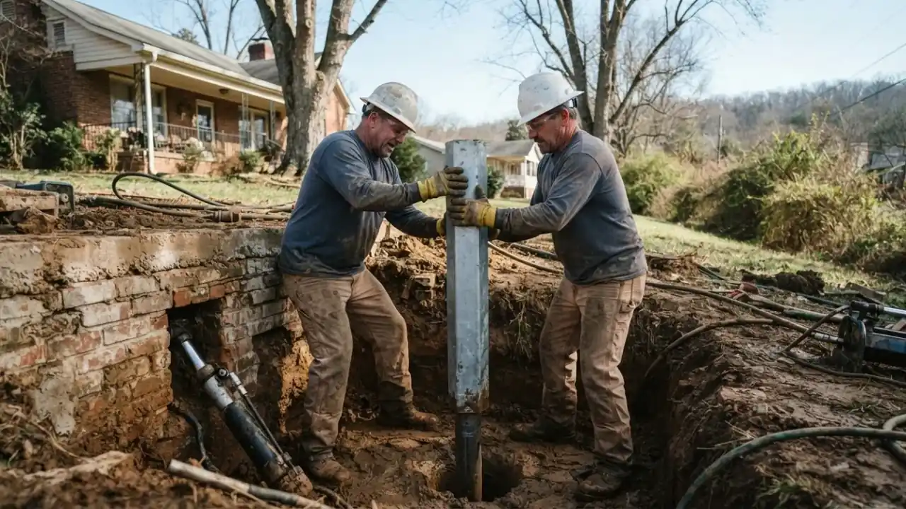 Foundation repair in Etowah: Two Foundation Repair Technicians collaboratively positioning a heavy section of a steel push