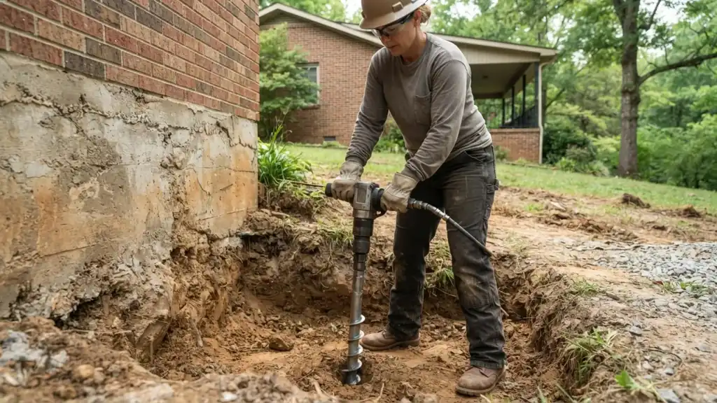 Foundation Stabilization in Etowah: Foundation Repair Technician using a specialized pneumatic wrench to drive a helical
