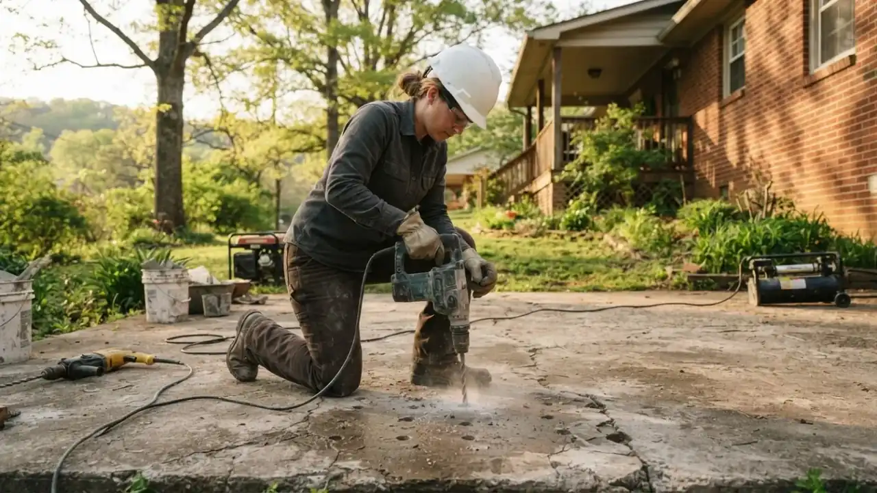 Concrete Leveling and Slab Jacking in Etowah: Foundation Repair Technician carefully drilling a series of small