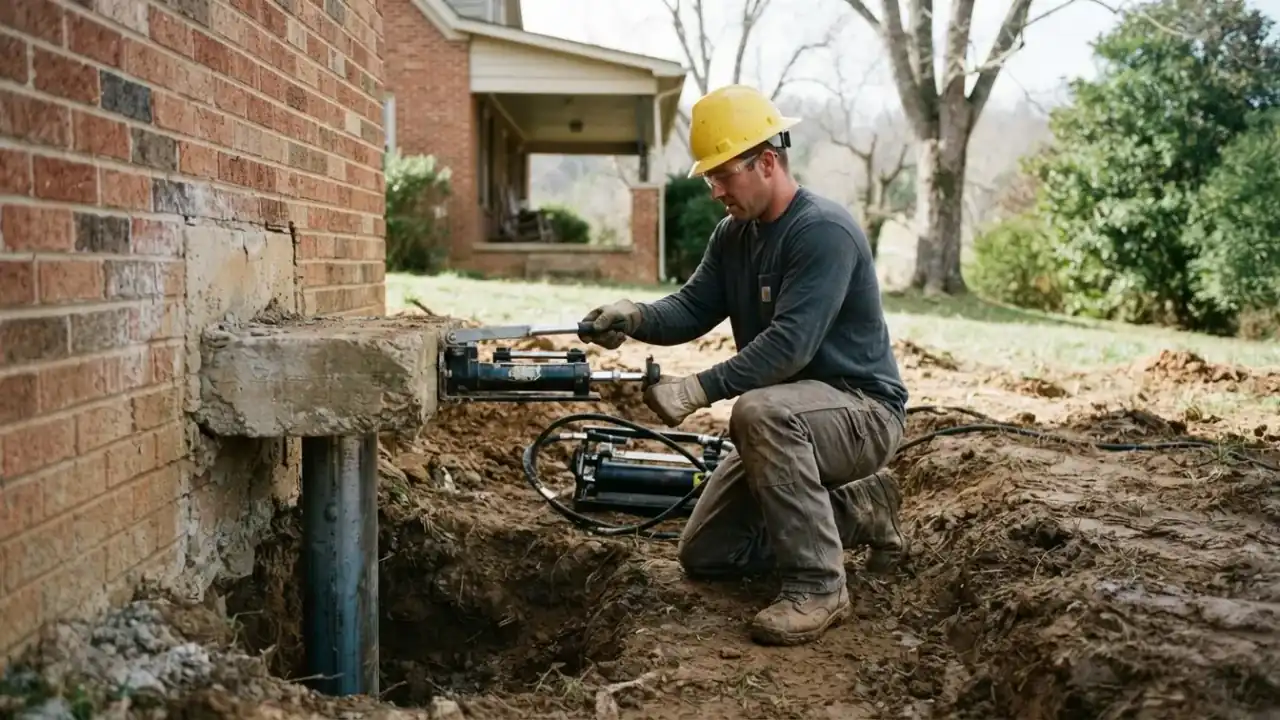 Steel Push Piers Installation in Etowah: Foundation Repair Technician, using a portable hydraulic ram, pushing a steel pier