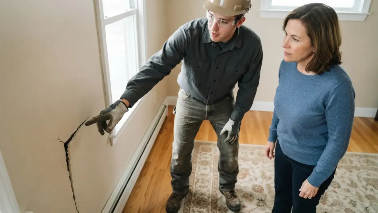Foundation repair in Etowah: Foundation Repair Technician, wearing safety glasses, explaining a repair plan to a homeowner