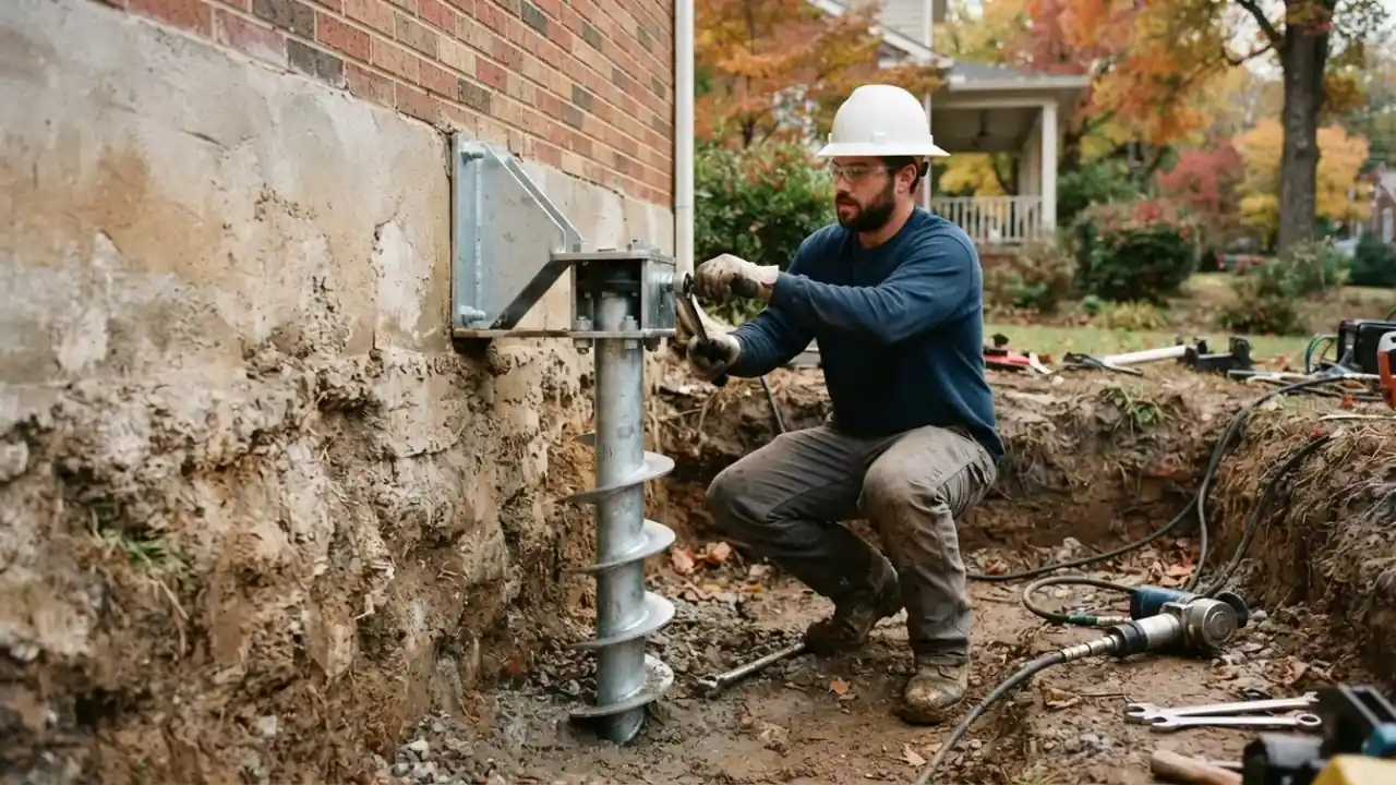 Foundation repair in Etowah: detailed view of a newly installed helical pier anchor, firmly attached to a concrete