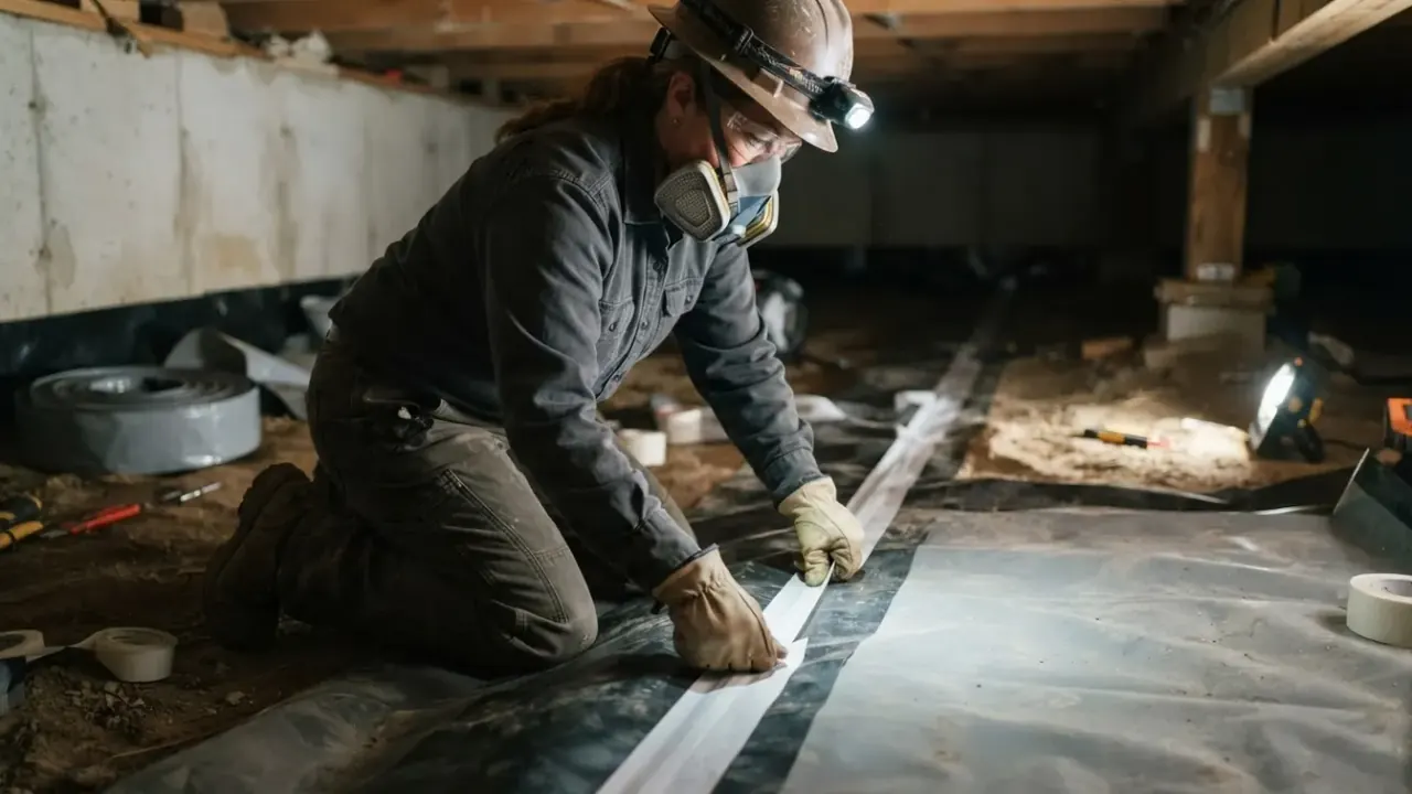 Crawl Space Encapsulation in Etowah: Foundation Repair Technician, wearing a headlamp and respirator, sealing a seam between