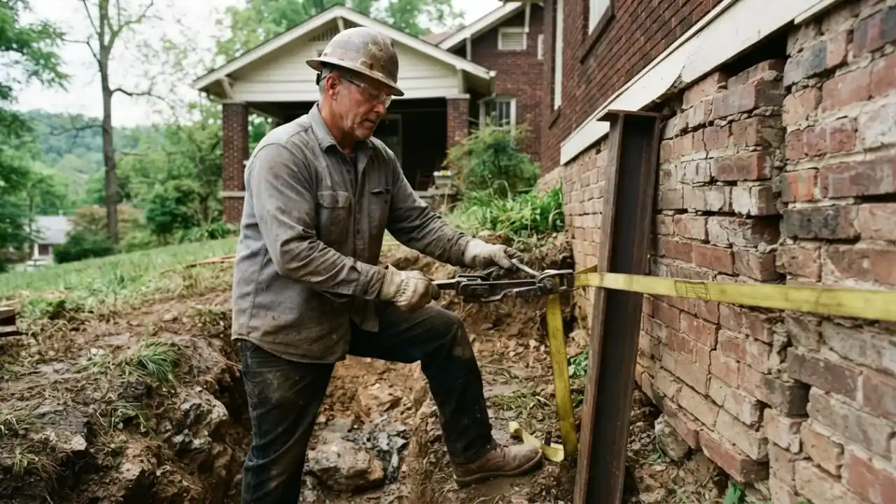 Emergency Foundation Repair in Etowah: Foundation Repair Technician using heavy-duty straps and a come-along to secure a
